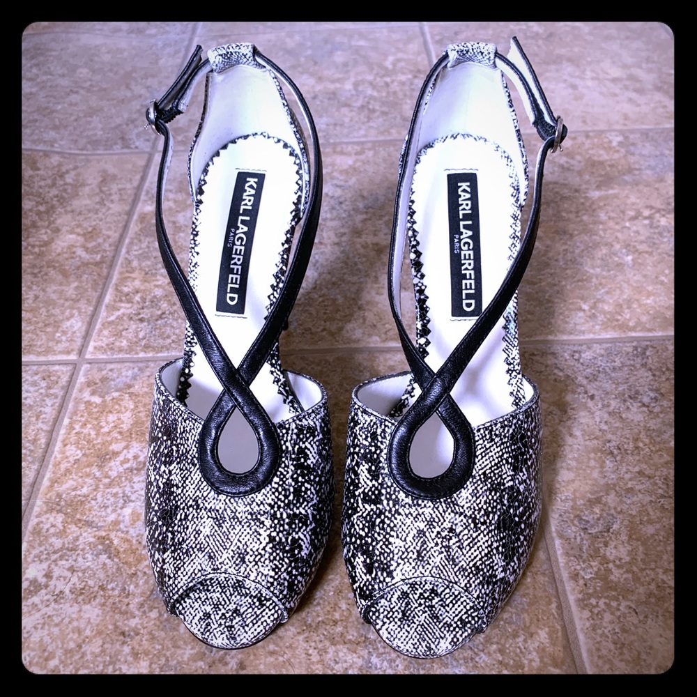Karl Lagerfeld leather 6 black white strappy heels